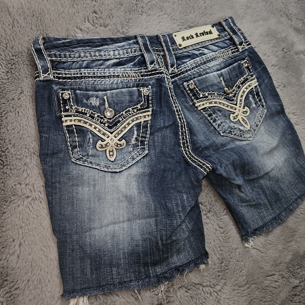 Rock Revival Blue Distressed Denim Shorts Cutoffs Bling Pockets Size 29 - Picture 11 of 13